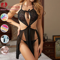 Daster Seksi Berbahan Nilon Tipis dengan Bordir, Aksen Pita, dan Belahan, Model Lingerie Malam Berbintang, Erotis, dan Bernapas, ODM