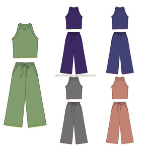 Ensemble 2 pièces pour filles en tissu de yoga avec bordure brodée festonnée, débardeur sans manches et pantalon large, personnalisable - Product Image 4