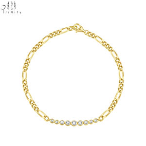 Top Quality Figaro <b>Chain</b> Minimalist Design 18K Solid Yellow Gold Real Natural Diamond Stackable Bracelet For Women Daily Wearing - Product Image 2