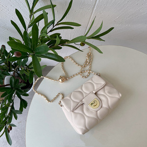 White Quilted Mini Shoulder Bag With Chain Strap 7 Inch Solid Color <b>Lock</b> Closure Women's Crossbody Bag - Product Image 3