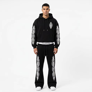Cotton Heavyweight Cotton Black Tracksuit Men Unisex Custom LogoBaroque Graphic Print Hoodie Flare Leg Sweatpants Set Streetwear - Product Image 1