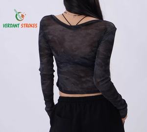 <span class=keywords><strong>Camiseta</strong></span> <span class=keywords><strong>Transparente</strong></span> de Manga Larga Verdant Strokes, Personalizada, de Malla <span class=keywords><strong>Transparente</strong></span>, 100% Poliéster, Estampada, <span class=keywords><strong>Negra</strong></span>, para Mujer - Product Image 4