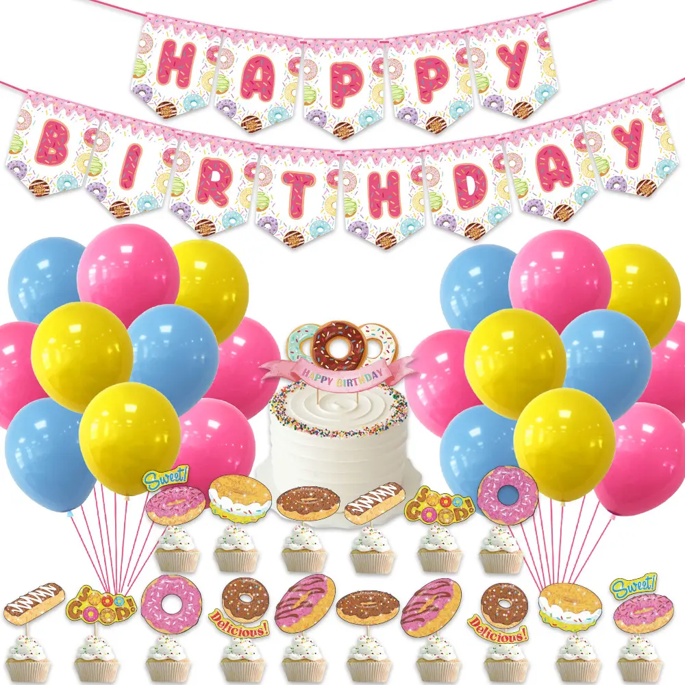 Doughnut Themed Kids Birthday Decoration Set Happy Birthday Paper Banner 3 ColorsLatex Balloons Donut Cup Cake Toppers