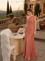 Robe de soirée longue en mousseline corail, asymétrique à une épaule, froncée avec appliques en dentelle, drapée, pour invitée de mariage et soirée, vente en gros