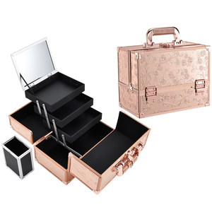 Aluminum Nail Tech Storage <b>Case</b> with Mirror 3 Trays Design <b>Makeup</b> Box Large Capacity Beauty Cosmetic Organizer Box Brush Holder - Product Image 1