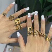 Cincin Trendy Baja Anti Karat Lapis Emas Hipoalergenik Batu Alam Mata Harimau Perhiasan Trendy Retro Boho Cincin Dapat Ditumpuk