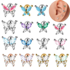 Gaby butterfly surgical steel piercing cartilage studs silver earrings cartilage piercing earrings helix face piercing for women