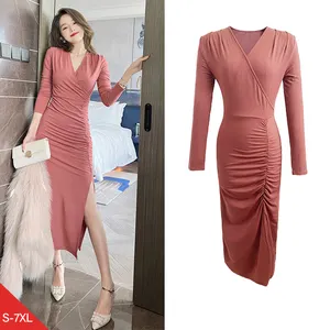 ZYHT 5502 Drop Shipping Split Smocked Long Sleeve Pink Midi Plus Size Women's Dresses 4xl 5xl 6xl 7xl