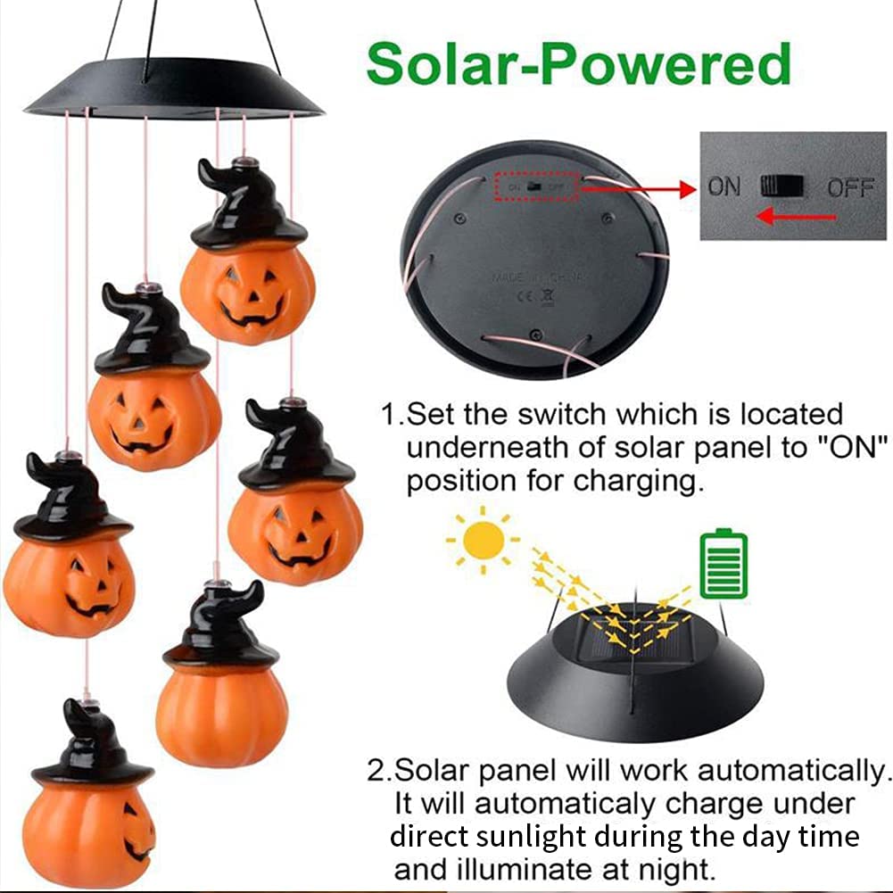 Halloween Pumpkin Decorative Lights Wind Chime  Color Changing Solar Powered Pumpkin Festival Decoration Light Orange 