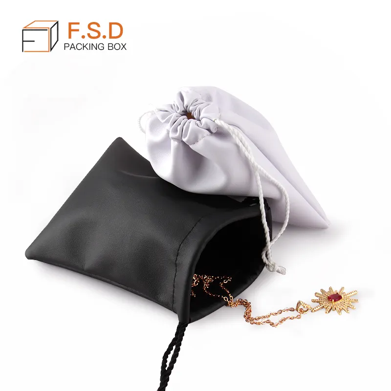 FSD White Black Draw String Pouch Packaging Gift Jewellery Drawstring Pouch Pu Leather Jewelry Pouch