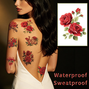 Autocollants de <span class=keywords><strong>tatouage</strong></span> temporaire rose rouge, imperméables, résistants à la transpiration, tatouages floraux réalistes pour femmes - Product Image 1