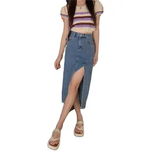 Летняя Сексуальная джинсовая юбка с разрезом и высокой талией