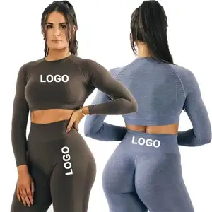 Wholesale custom logo 2 pcs soft long sleeve crop top shorts yoga active wear sets women seamless gym fitness sets