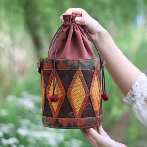 Bamboo Woven Bucket Bag With Diamond Pattern Vintage Style Crossbody Bag For Women All Seasons Water Resistant - Product Image 3