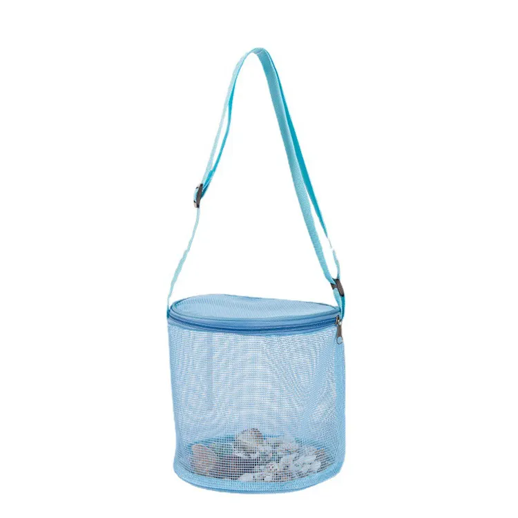 Hot Selling Fashion Shell Collecting Wrap Mesh Beach Toy Bag Reusable Family Kids Toy Storage Round Shape Zipper Tote Bag