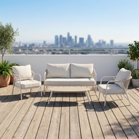 Ensemble de canapés d'extérieur contemporains 4 places avec structure en acier, coussins imperméables et plateau de table en verre, mobilier d'extérieur éco-responsable