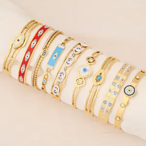 Waterproof Titanium Steel rhinestone Blue Turkish Eye Bangle IP 18k Gold No Fade 316L Stainless Steel Evil Eyes Bangle Bracelet