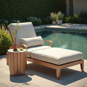 Experimente la máxima comodidad al aire libre con esta elegante tumbona de madera de teca natural, con un marco de asiento ancho y diseño ergonómico. - Product Image 1