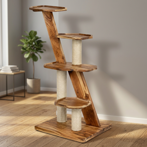 Arbre à chat rectangulaire à plusieurs niveaux en bois d'acacia |   Table pour animaux de compagnie de style moderne du milieu du siècle, fabriquée à la main, écologique, 45x45x140cm - Product Image 3