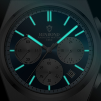 BINBOND B203 203 jam tangan kuarsa pria, arloji tahan air 3ATM dengan tali jam baja tahan karat Chronograph dan tanggal bercahaya