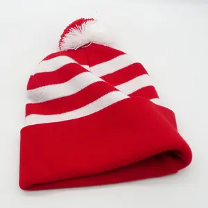 Rood Wit Gestreept Pom Pom Cuff Beanie Gebreide Kerst Santa Muts Warm Sneeuw Gebreide Muts Voor Kinderen En Volwassenen Sport Caps Unisex