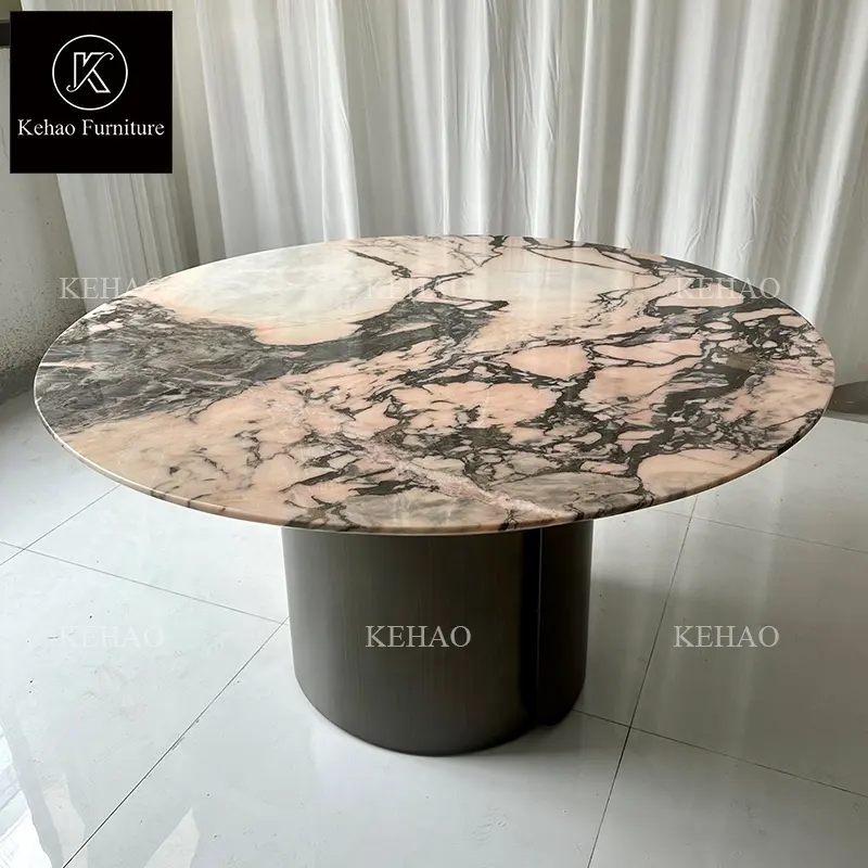 Italian pink marble table top modern marble dining table round rotating dining room furniture with metal base dining table