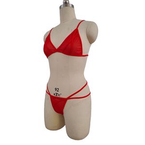 Ensemble soutien-gorge et culotte en maille rouge pour femme, taille basse, en spandex, lingerie sexy, ensemble trois pièces, vente en gros pour l'exportation - Product Image 1