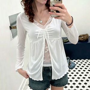 Women's White Lace <b>Mock</b> Two Piece Long Sleeve T-Shirt V-<b>Neck</b> Side Split A-Line Loose Fit Fall New Casual Blouse <b>Top</b> - Product Image 3