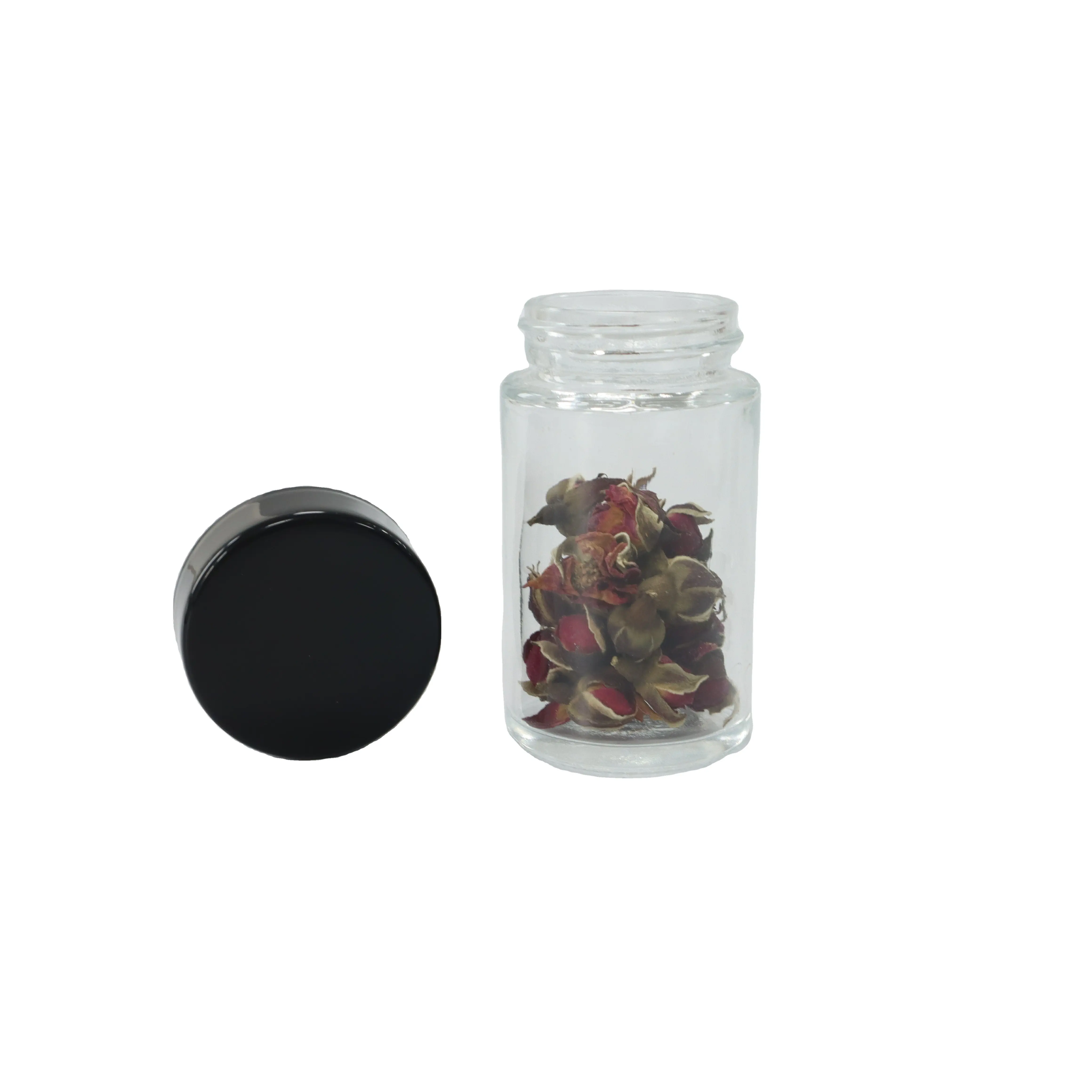 Garrafas com tampa preta brilhante, recipiente de vidro para botões de flores à prova de ar, recipiente de vidro para uso médico, potes de ervas, recipiente de vidro para cânhamo