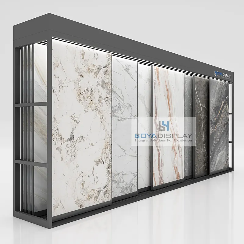 Boya Customize Logo High Quality Metal Flat Push-Pull Tile Slab Marble Stone Display Stand Rack For Showroom