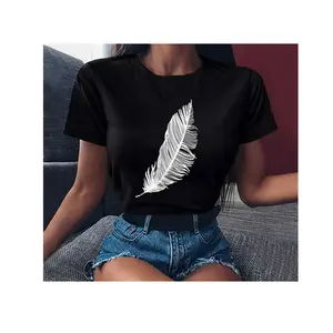 의류 공장 판매 가을/여름 패션 화려한 깃털 프린트 느슨한 맞춤형 O-칼라 복고풍 여성 티셔츠