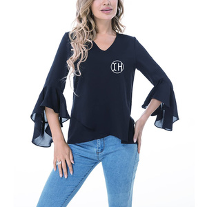 Blusa de gasa de verano de diseñador para mujer, blusas holgadas de Color sólido, manga 3/4, cuello en V, Jersey plisado, camisas con patrón estampado - Product Image 1