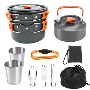 Hot Sell 10pcs Camping Cookware 2-3 Person Aluminium Alloy Camping Cooking Utensils Folding Camping Cooking Set