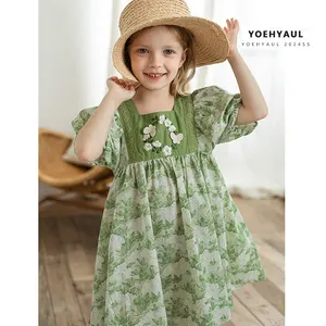 YOEHYAUL X4357 Ready Made per bambini vestito intrecciato dolce elegante ricamo floreale verde 100% abiti di cotone per bambine e bambine