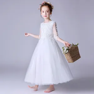 긴 소매 화이트 웨딩 드레스 레이스 꽃 소녀 드레스 미인 대회 드레스