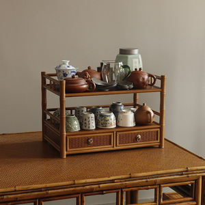 Original bamboo tea stand, tea set, teapot, <b>teacups</b>, with drawers, storage and display rack, curio cabinet, antique display - Product Image 2