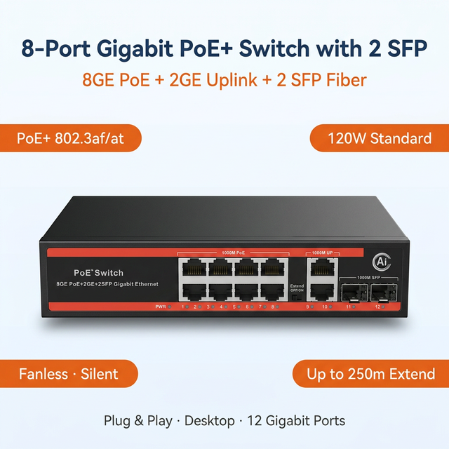 12 Ports GIGABIT PoE Switch with 2 Uplink 1SFP Slot Port for Home and Office