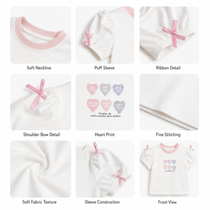 เสื้อยืดเด็กผู้หญิง คอตตอนนุ่ม แขนพอง ลายหัวใจ แต่งโบว์สีชมพู สไตล์โคเควตต์ รับผลิตตามสั่งขายส่ง (OEM) - Product Image 4