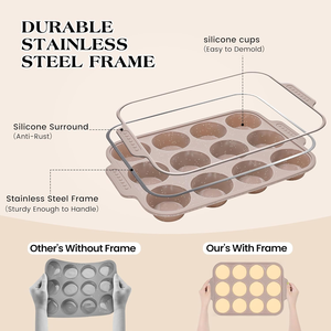 MUYULINS Factory Beige 12-Cup LFGB Non-Stick BPA Free Metal Reinforced Frame <b>Silicone</b> Cupcake Pan Muffin Tray <b>Baking</b> Mold - Product Image 2