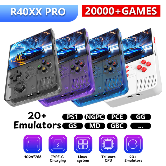R40XX Pro Arkos 2.0 Handheld Game Console Wi-Fi Linux OS 4.2" IPS Display 1024x768 1GB RAM 64GB Built-in 20000 Games 4500mAh