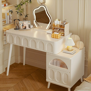 Toeletta in Legno Stile Crema con Specchio Illuminato, Moderna Minimalista, Novità 2025, Scrivania per Ragazze per Piccoli Spazi, Tavolo Trucco con Contenitore - Product Image 2