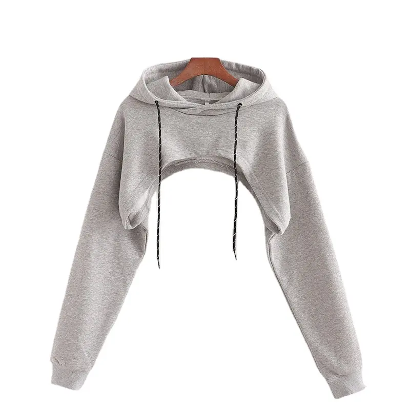 Dames Nieuwe Trend Sexy Half Cut Ultra Korte Hooded Trui Vrouwen Casual Truien En Effen Kleur Hoodies Lange Mouwen top