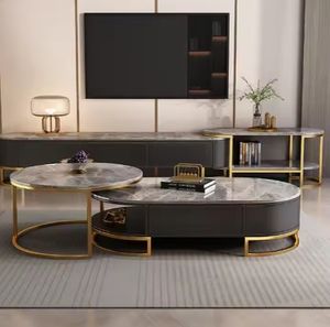 Modern Simple <b>Tv</b> Cabinet Wooden Cabinet Luxury Rock Plate Round <b>Coffee</b> <b>Table</b> <b>Set</b> - Product Image 6