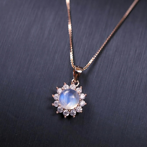 925 <b>Sterling</b> <b>Silver</b> Round Cut Birthstone Jewelry Sunburst Rainbow Moonstone Diamond <b>Necklace</b> - Product Image 3