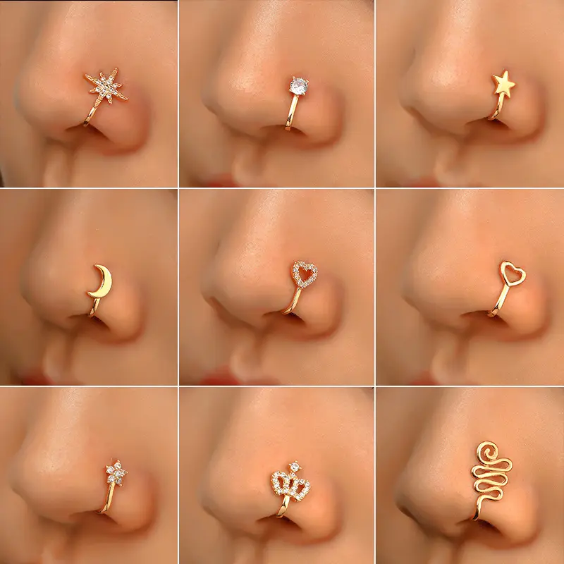 2022 Fashion Summer Nose Non Piercing Jewelry Cz Shape Gold Plated Clip On Nose Cuffs Rings /