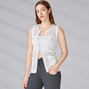 Gilet cardigan sans manches ajouré en maille anti-boulochage 100 % coton pour femme, idéal pour l'été - Product Image 5