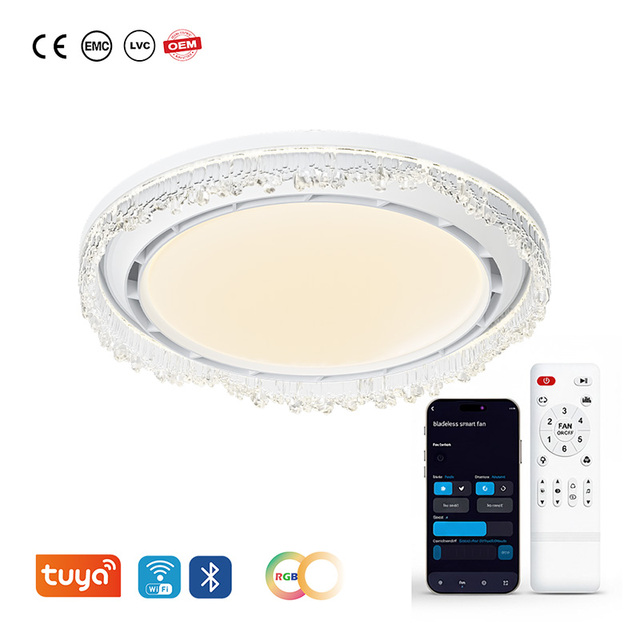 Eco-Friendly Bladeless Flush Mount Ceiling Fan Lamp Dimmable LED Light Remote Control 6-Speed Quiet DC Motor 20000 Hours for