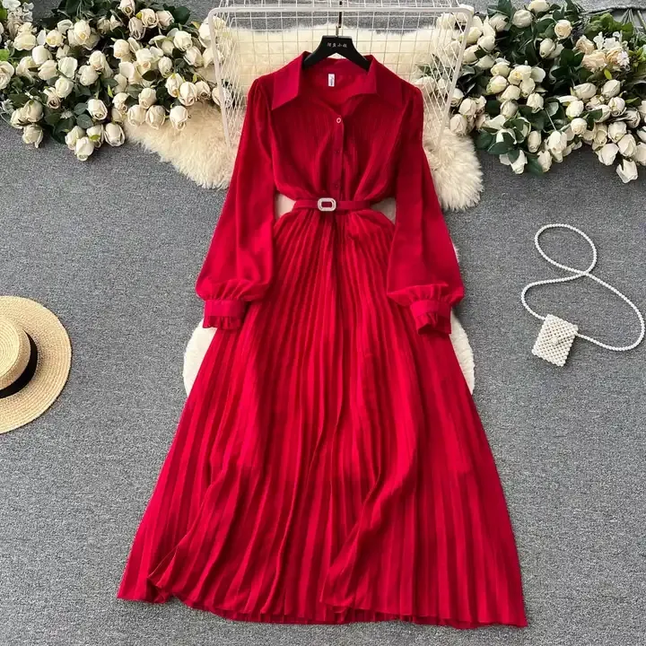 Vestido camisero rojo vintage de manga larga con cintura plisada y vestidos delgados para mujer, vestidos informales bordados