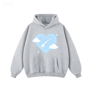 Sweat à capuche en molleton de coton surdimensionné gris clair lavé avec imprimé floral romantique de vignes, motif <span class=keywords><strong>rose</strong></span> pastel doux et accent cœur - Product Image 2