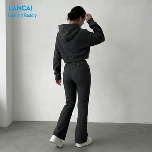 High Quality Tracksuit Manufacturer Women Crop Hoodie and Flared Sweat Pants Two Piece <b>Set</b> Custom Made Factory Supply Service - Product Image 3